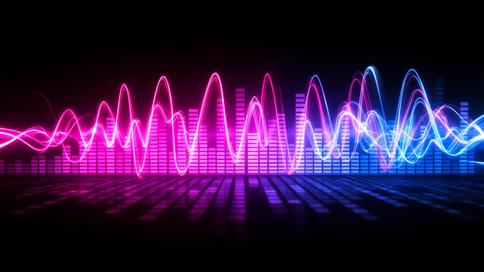 Onde sonore ed equalizzatori con luci LED magenta e blu